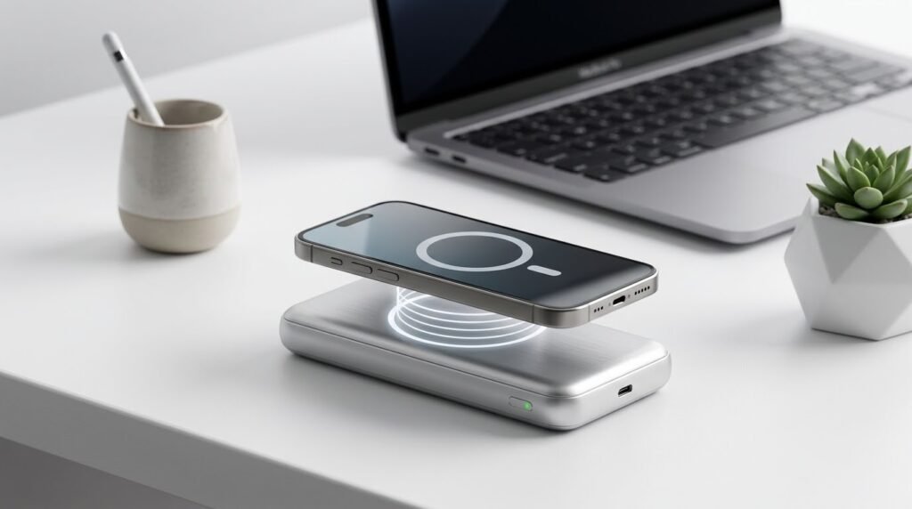 Um smartphone flutua sobre um power bank de alumínio em uma mesa de escritório limpa. Uma animação de bobina de carregamento azul brilhante conecta os dois, ilustrando o carregamento sem fio. No fundo, um laptop e uma suculenta.