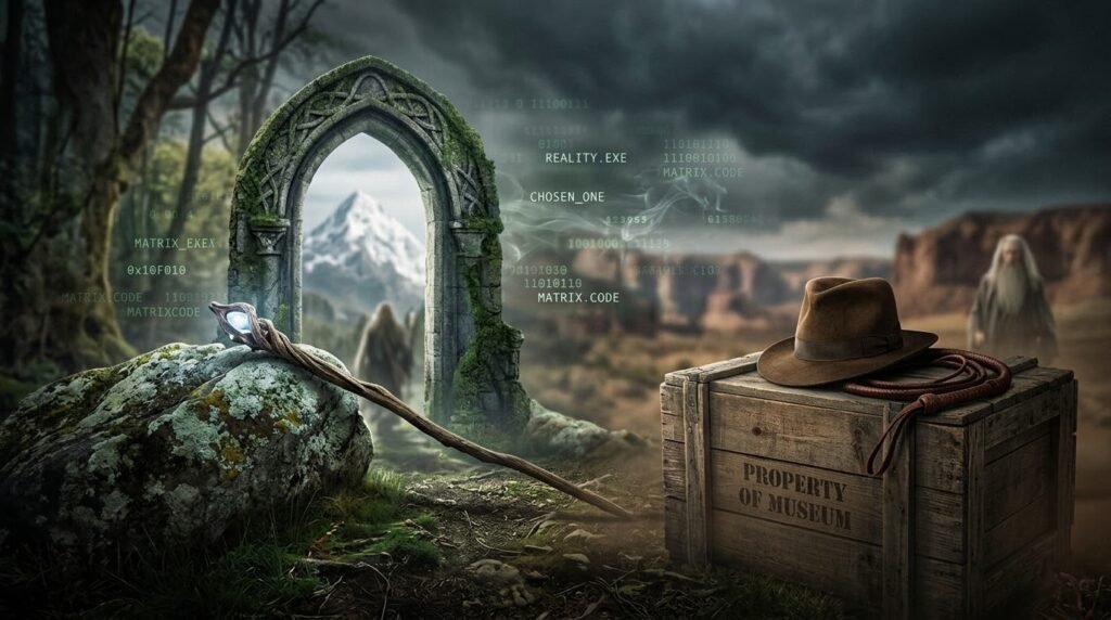 Cenário de fantasia sombrio que une mundos do cinema. Um portal de pedra e cajado de mago estão à esquerda. À direita, chapéu e chicote de Indiana Jones sobre um caixote. Código digital verde flutua no ar.