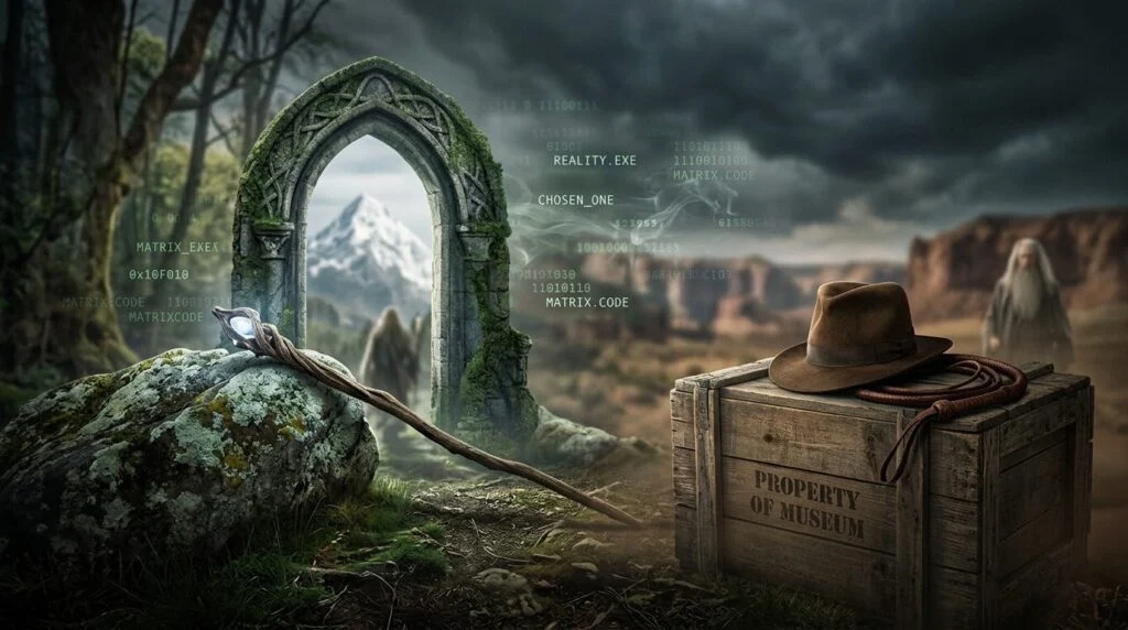 Cenário de fantasia sombrio que une mundos do cinema. Um portal de pedra e cajado de mago estão à esquerda. À direita, chapéu e chicote de Indiana Jones sobre um caixote. Código digital verde flutua no ar.