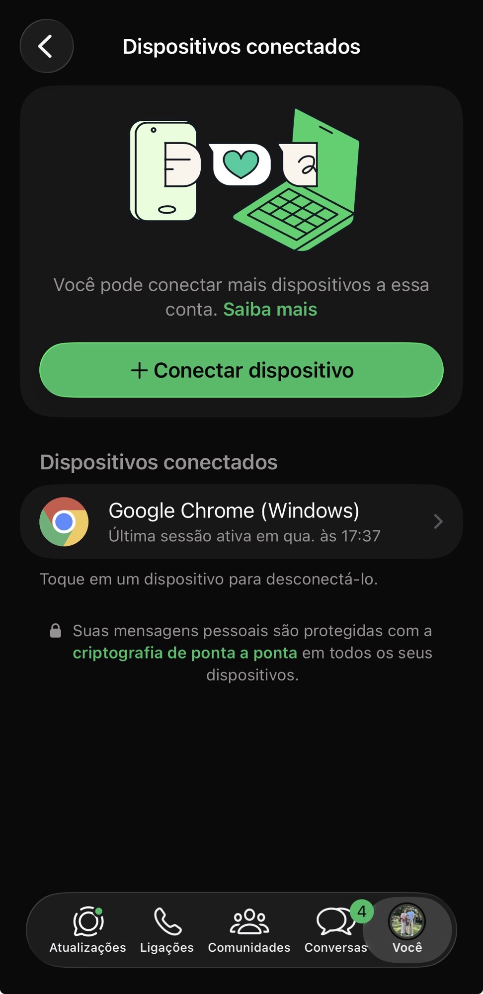tela de dispositivos conectados no WhatsApp