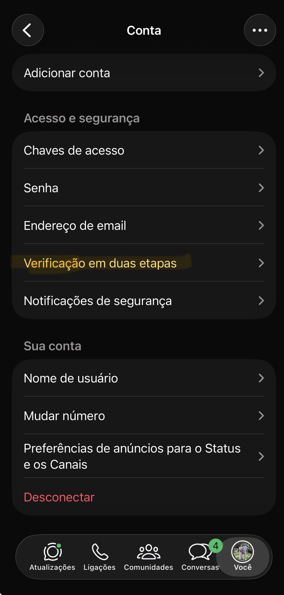 ativando verificação em duas etapas no WhatsApp