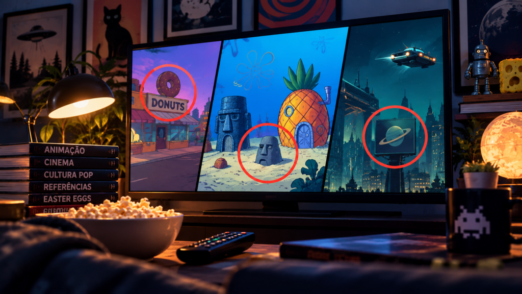Monitor widescreen exibindo três cenários de animação e ficção científica, com círculos vermelhos destacando elementos em cada painel: um letreiro de rosquinha, uma estátua Moai e um painel com planeta. Ao redor da tela, uma mesa iluminada por abajur traz pipoca, controle remoto, caneca com estampa pixelada e livros empilhados.
