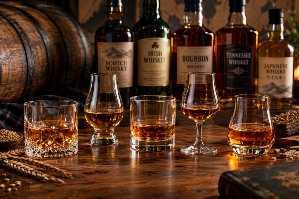 Diferentes tipos de whisky em copos e garrafas, incluindo Scotch, Bourbon, Irish whiskey e uísque japonês.