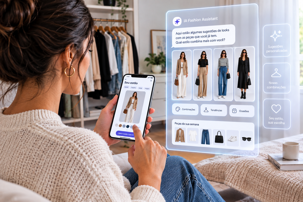 Mulher usando inteligência artificial no celular para montar looks, combinar roupas e descobrir novas tendências de moda.