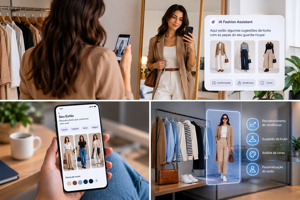 mulher usando aplicativo de celular  para montar looks, descobrir tendências e personalizar seu estilo.