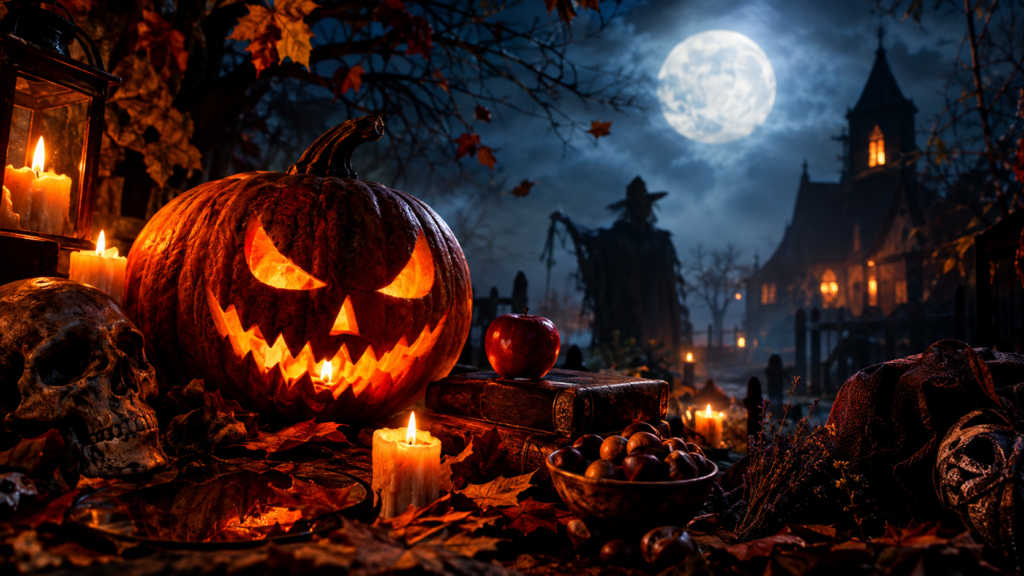 Cenário noturno de Halloween com uma grande abóbora esculpida e iluminada por dentro em primeiro plano. Ao lado dela, há um crânio humano, velas acesas, uma maçã vermelha sobre livros antigos e uma tigela com castanhas sob folhas secas. Ao fundo, sob a lua cheia, veem-se a silhueta de um espantalho e uma casa antiga iluminada.
