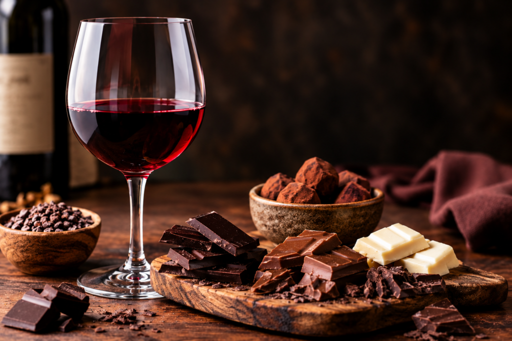 Taça de vinho tinto posicionada ao lado de uma tábua de madeira com pedaços de chocolates amargo, ao leite e branco. Ao fundo, uma tigela cerâmica contém trufas de cacau, acompanhada por um bowl com nibs de cacau e uma garrafa de vinho em um cenário de tom rústico e acolhedor.