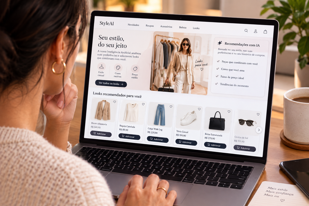 Mulher utilizando um site para a compra de roupas e testando um look atravez de uma inteligencia artificial