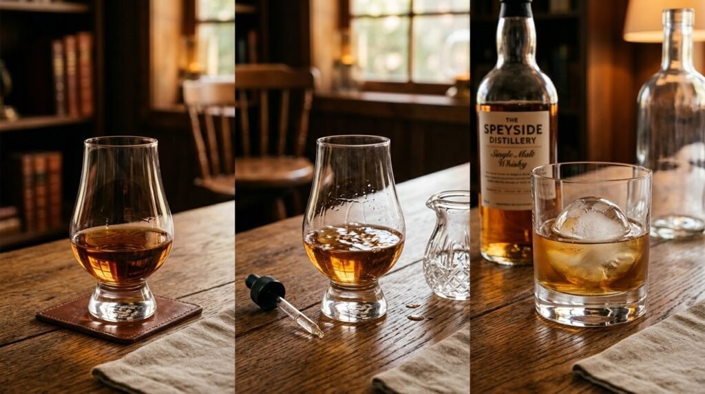 Três copos de whisky lado a lado sobre uma mesa de madeira. O primeiro copo contém whisky puro. O segundo tem um conta-gotas e uma jarra ao lado. O terceiro copo contém uma grande esfera de gelo, com uma garrafa de Speyside Distillery ao fundo.