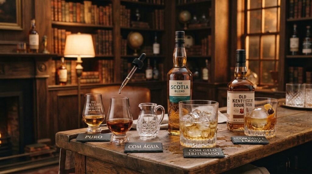 Mesa de madeira com garrafas de whisky e quatro copos servidos de formas diferentes. Da esquerda para a direita, plaquinhas indicam: "PURO", "COM ÁGUA", "COM GELO TRITURADO" e "COM GELO E LARANJA". Ao fundo, uma biblioteca clássica e uma lareira.