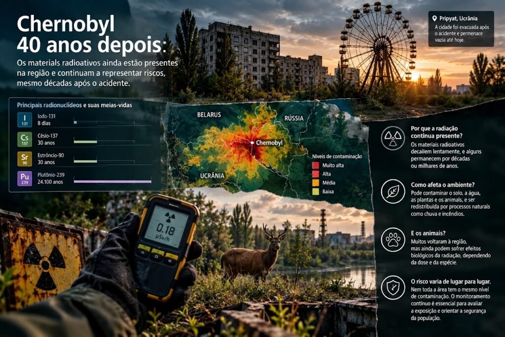 Infográfico com o título "Chernobyl 40 anos depois" sobre a radiação remanescente na região. Exibe um mapa acompanhado de dados sobre meias-vidas de radionucleídeos e explicações em texto. Ao fundo, uma foto da roda-gigante de Pripyat e, em primeiro plano, uma mão segurando um medidor de radiação perto de um cervo na vegetação.
