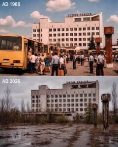 Comparação de antes e depois do Hotel Polissya, em Pripyat. Acima, em 1986, a praça está movimentada com pessoas a embarcar em autocarros amarelos em frente ao edifício branco. Abaixo, em 2026, o mesmo local aparece completamente abandonado, tomado pela vegetação e com o hotel deteriorado.