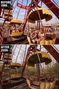 Comparação de antes e depois da roda-gigante do parque de diversões de Pripyat. Na imagem superior, de 1986, crianças e famílias sorriem nas cabines amarelas enquanto comem sorvete em uma praça movimentada. Na imagem inferior, de 2006, o brinquedo está completamente vazio, enferrujado e desgastado, cercado por vegetação seca e árvores sem folhas.
