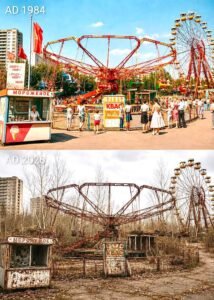 Comparação de antes e depois do parque de diversões de Pripyat. Em 1984, o local mostra brinquedos coloridos em funcionamento, quiosques ativos e pessoas circulando. Em 2026, a mesma área aparece em ruínas, com estruturas de metal enferrujadas, quiosques deteriorados e tomada por vegetação densa.