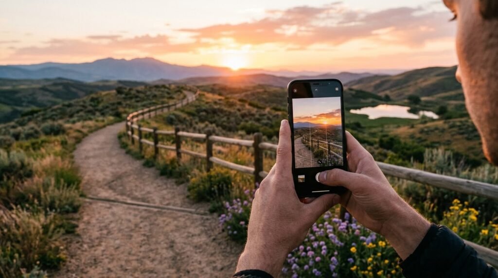Uma pessoa segura um smartphone na vertical registrando um pôr do sol em meio a colinas. A tela do celular exibe a mesma paisagem: um caminho de terra margeado por uma cerca de madeira curva, montanhas ao fundo e o sol dourado no horizonte iluminando o céu alaranjado. Na encosta ao redor da trilha, há pequenas flores roxas e amarelas sob a luz suave do entardecer.