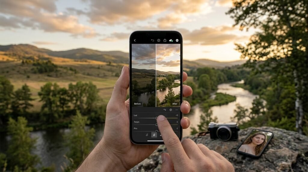 comparacao-antes-depois-edicao-celular Pessoa edita foto de paisagem com rio em um celular, comparando o antes e o depois na tela.