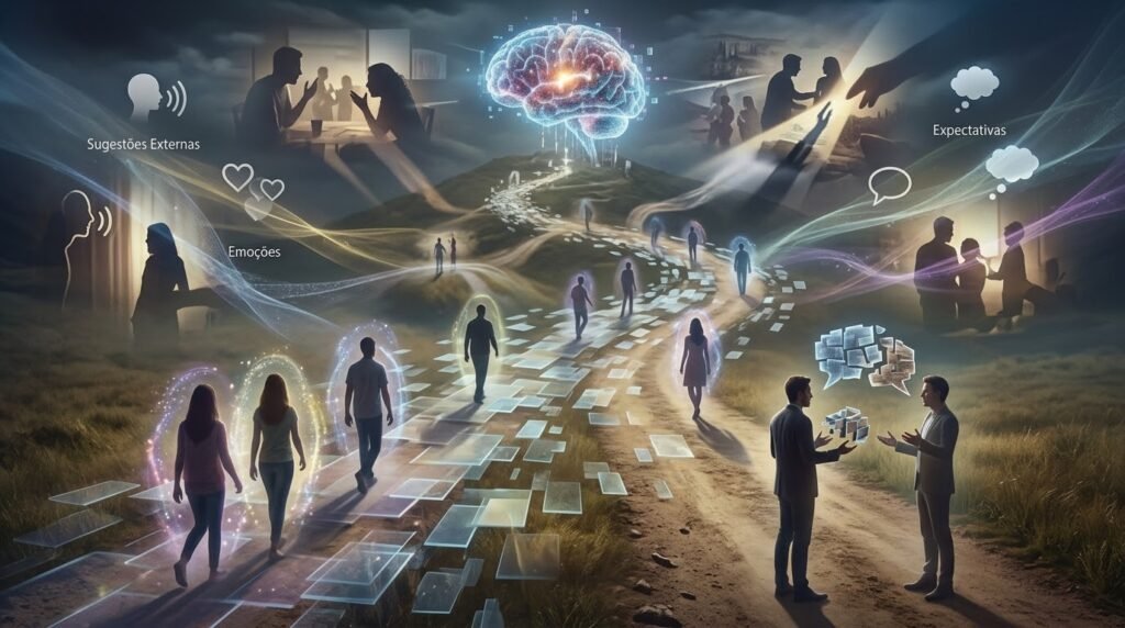 Ilustração de um caminho em direção a um cérebro luminoso no topo de uma colina, com várias pessoas a caminhar rodeadas por auras e linhas brilhantes. Ao redor, surgem ícones e textos como "Sugestões Externas", "Emoções" e "Expectativas", além de silhuetas de pessoas em interação sob um céu dramático.