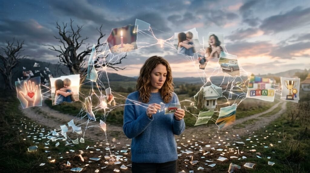Uma mulher em um caminho rural de terra segura um pequeno fragmento de foto, cercada por uma rede luminosa de memórias flutuantes, como bolos de aniversário, abraços, casas e troféus. Ao chão, cacos brilhantes estão espalhados, e ao fundo veem-se árvores secas, colinas e um céu de entardecer.