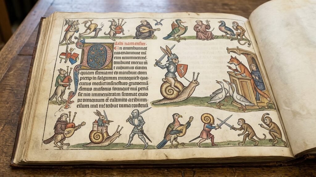 Página de manuscrito medieval aberto em uma mesa de madeira, cheia de ilustrações fantasiosas nas margens. Ao centro, um coelho de armadura e espada cavalga um caracol gigante em direção a uma raposa num púlpito e patos. Ao redor do texto em caligrafia antiga, há figuras de animais tocando instrumentos, macacos e cavaleiros.