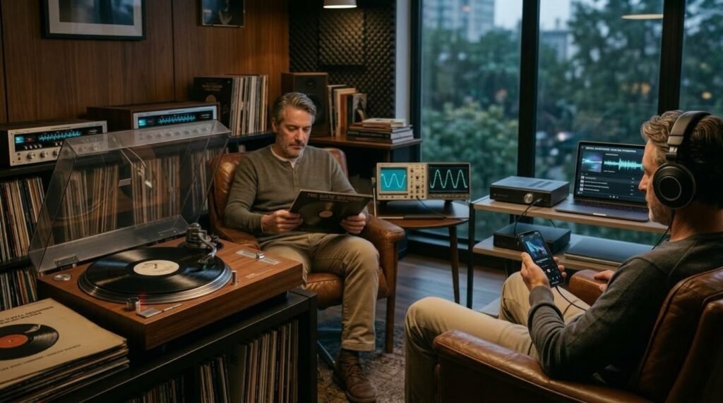 Dois homens usando fones de ouvido em uma sala aconchegante cheia de equipamentos de som. À esquerda, um deles observa a capa de um vinil ao lado de um toca-discos vintage. À direita, o outro olha para o celular conectado a um sistema de áudio digital com notebook e osciloscópio.