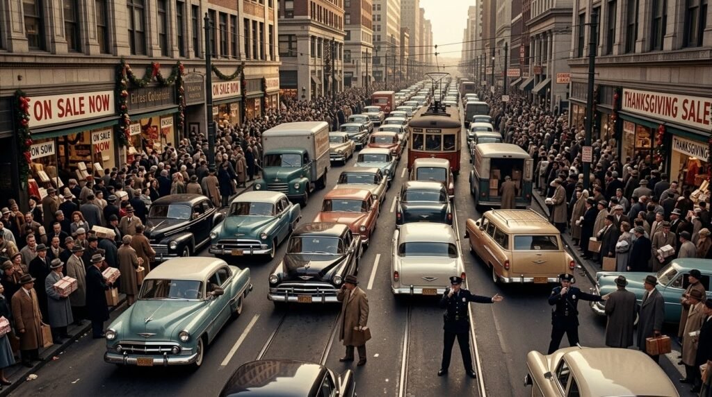 Uma fotografia vintage colorida de uma rua movimentada de uma cidade nos anos 1950, cheia de carros clássicos e multidões de pedestres. Policiais tentam controlar o tráfego enquanto as calçadas estão lotadas de pessoas e as vitrines das lojas anunciam vendas de Thanksgiving e Natal.