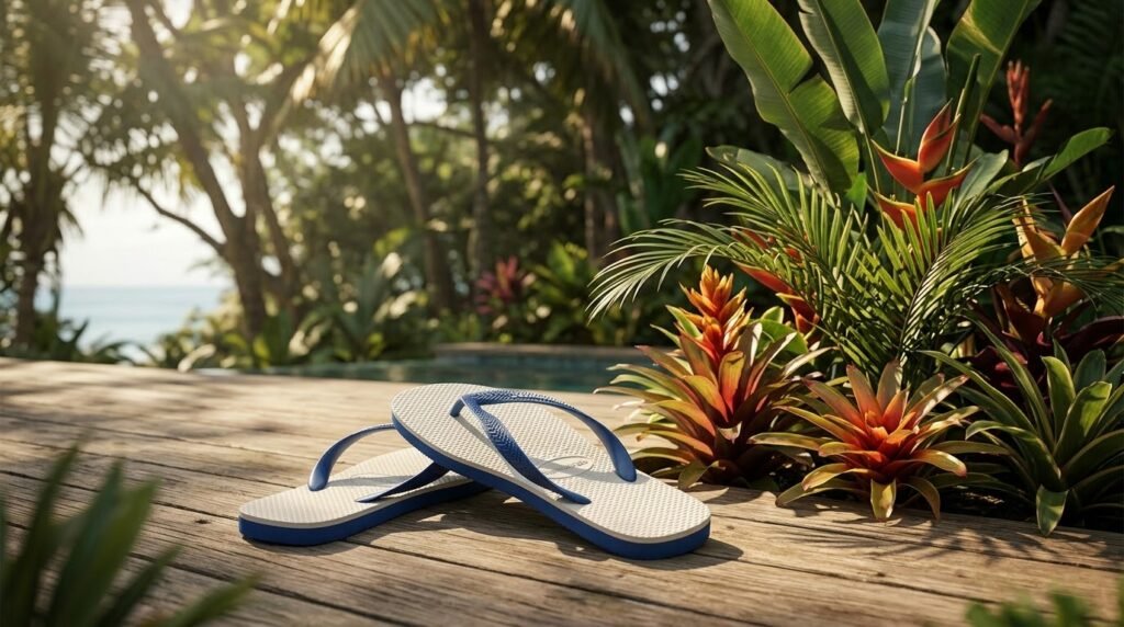 Par de chinelos Havaianas Tradi, brancos com tiras e laterais azuis, descansando em um deque de madeira rústica. O fundo é uma cena de praia com vegetação tropical luxuriante e o oceano azul sob a luz do pôr do sol.