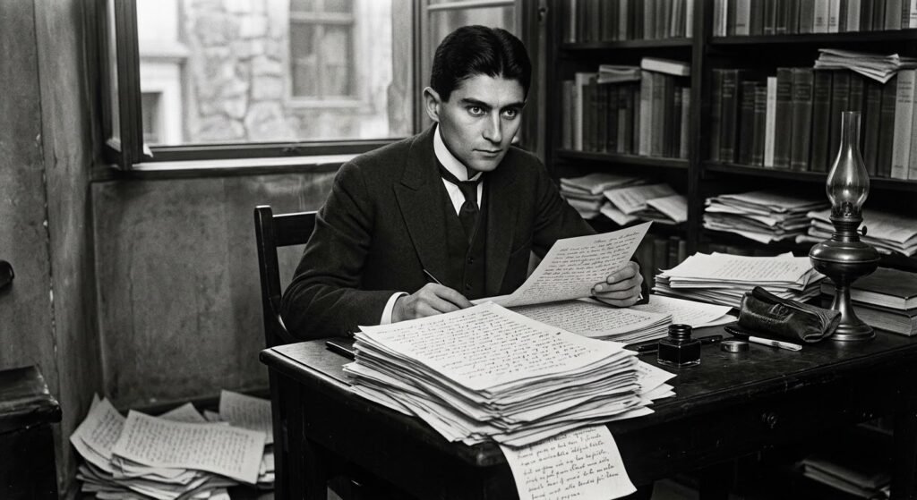 Fotografia em preto e branco de Franz Kafka, de terno, sentado a uma mesa de madeira repleta de papéis e manuscritos. Ele segura uma folha e olha fixamente para a frente com expressão concentrada. Ao fundo, há uma estante cheia de livros, uma lâmpada a gás e uma janela aberta.