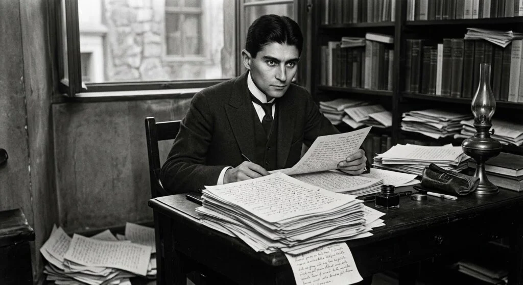 Fotografia em preto e branco de Franz Kafka, de terno, sentado a uma mesa de madeira repleta de papéis e manuscritos. Ele segura uma folha e olha fixamente para a frente com expressão concentrada. Ao fundo, há uma estante cheia de livros, uma lâmpada a gás e uma janela aberta.
