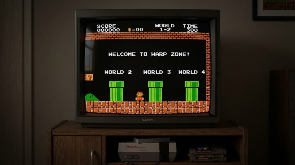 warp-zone-super-mario-bros Televisão antiga de tubo exibindo o jogo Super Mario Bros no nível "Warp Zone", com a mensagem "WELCOME TO WARP ZONE!" na tela. O personagem Mario está posicionado entre três canos verdes com as indicações World 2, World 3 e World 4. Abaixo da TV, em um móvel de madeira, está o console NES ligado.