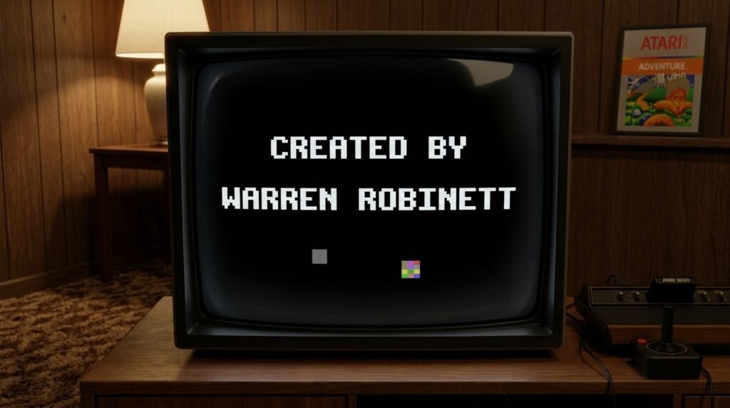 primeiro-easter-egg-game-atari Televisão de tubo em uma sala vintage exibe a mensagem "CREATED BY WARREN ROBINETT" em letras pixeladas brancas sobre fundo preto. Ao lado da TV, há um console Atari 2600 com joystick e um quadro do jogo Adventure na parede de madeira.