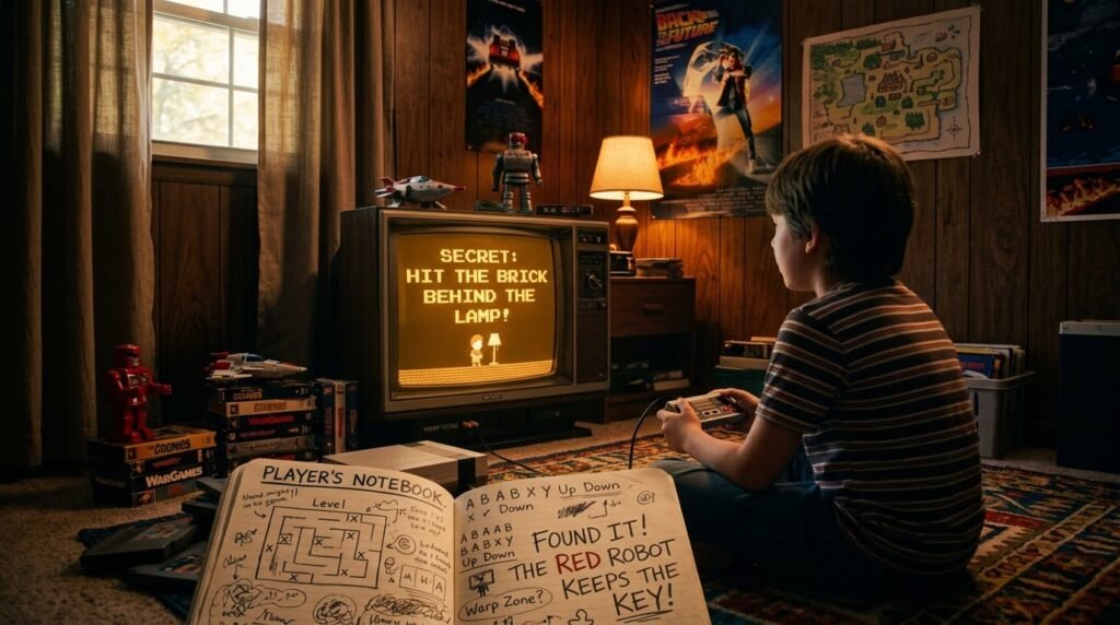 Menino sentado no chão de um quarto dos anos 80 joga videogame em uma TV de tubo que exibe o texto "SECRET: HIT THE BRICK BEHIND THE LAMP!". Em primeiro plano, um caderno aberto mostra mapas e truques do jogo.