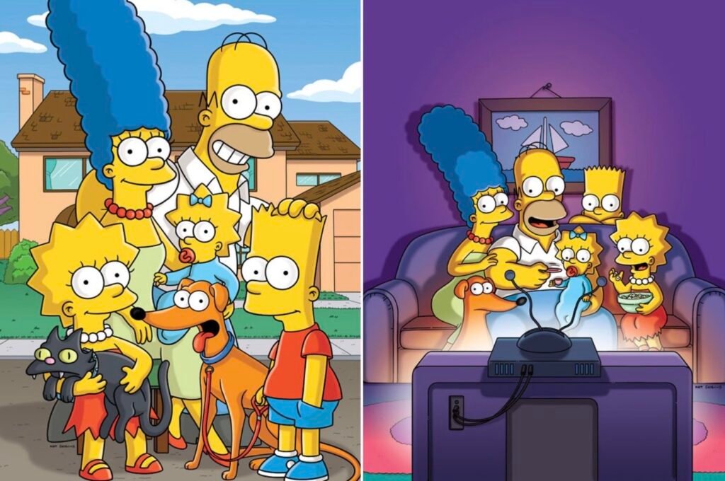 Imagem dividida ao meio com a família Simpsons. À esquerda, Homer, Marge, Lisa, Bart, Maggie e os animais de estimação posam sorridentes em frente de casa sob o céu azul. À direita, a família inteira e seus mascotes aparecem reunidos no sofá da sala assistindo à televisão.