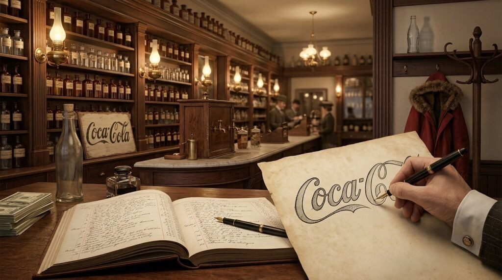 Uma mão segura uma caneta-tinteiro desenhando a logo da Coca-Cola em um papel antigo sobre uma mesa com livro de contabilidade aberto e maços de dinheiro. Ao fundo, o interior de uma farmácia antiga do século 19 exibe prateleiras de madeira cheias de frascos de vidro, luminárias acesas e balcão de atendimento.